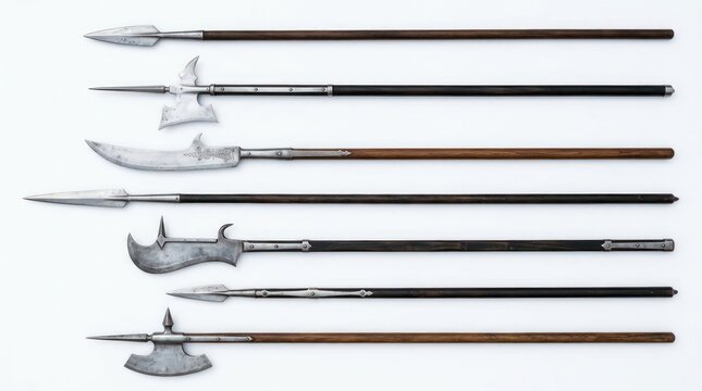Collection of medieval polearms and spears on white background