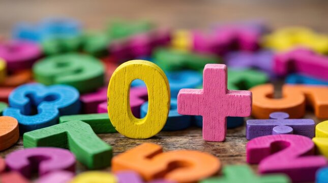 Colorful wooden math symbols and numbers closeup.