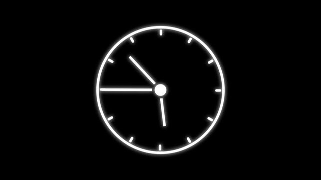 clock icon animation on black background. analog clock timer circle animated. 12 Hours Clock. Clock icon vector animation with clock face.clock icon time lapse loop animation.White clock on.clock icon