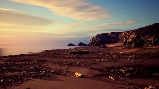 pastel dusk shoreline with distant cliffs and soft gradient sky, calm sea and scattered pebbles reflect warm tones, gentle evening atmosphere for mooddriven