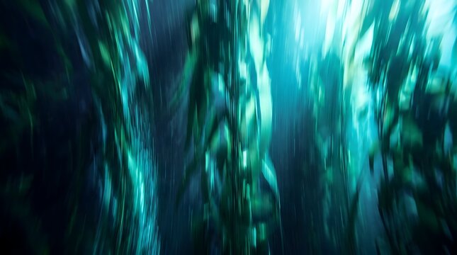 Abstract motion blur of kelp forest underwater in blue ocean depth with cinematic light and speed streaks