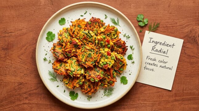 Delicious golden vegetable fritters served on a ceramic plate over a rustic wooden table with a handwritten note card, representing a healthy homemade meal perfect for vegetarian diets and food