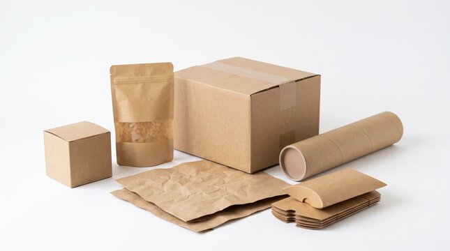 Collection of various brown cardboard packaging items on a white background
