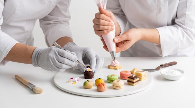 Pastry chefs decorating delicate desserts with precision and care