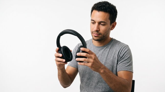 Man holding black headphones with white background