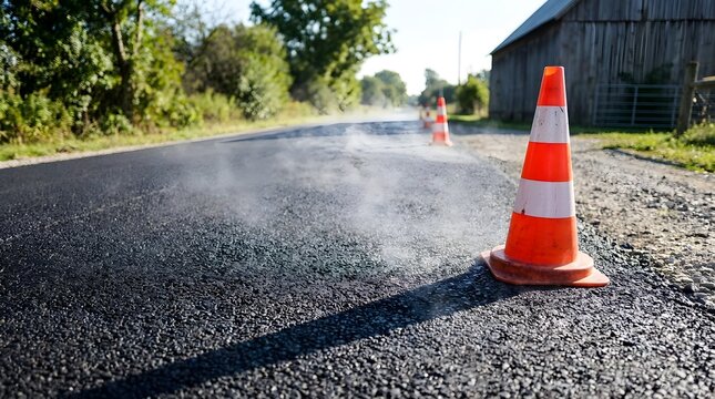 Orange traffic cones on fresh steaming hot black asphalt road during highway construction works
