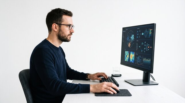 Man working on computer with data visualization on screen