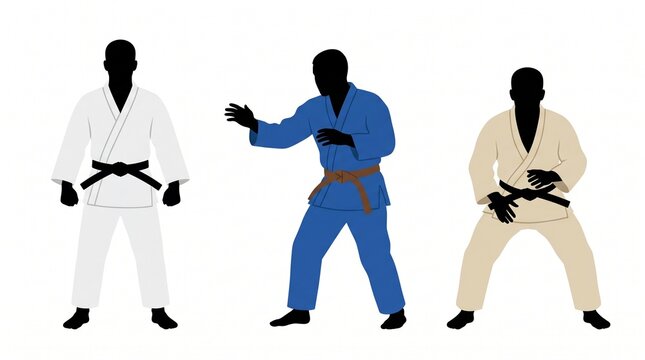 Three Male Judo Athletes Silhouette Lineup White Blue Beige Gi Ready Grip Defensive Poses Black Brown Belt, Flat Vector Illustration