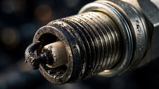 Macro View of a Dirty and Carbon Fouled Automotive Spark Plug