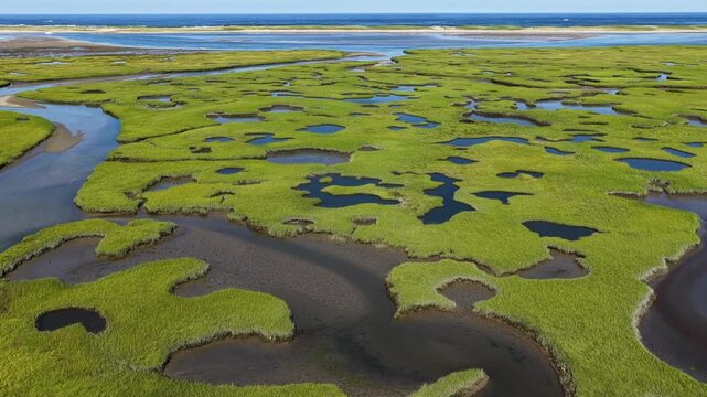 A myriad of channels meander through an extensive salt marsh on the scenic coast of Cape Cod, MA. Marshes provide critical habitat for many birds, fish, and invertebrates to feed, mate, and nest.