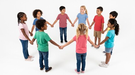 Fototapeta premium Diverse group of children holding hands in a circle smiling and playing together