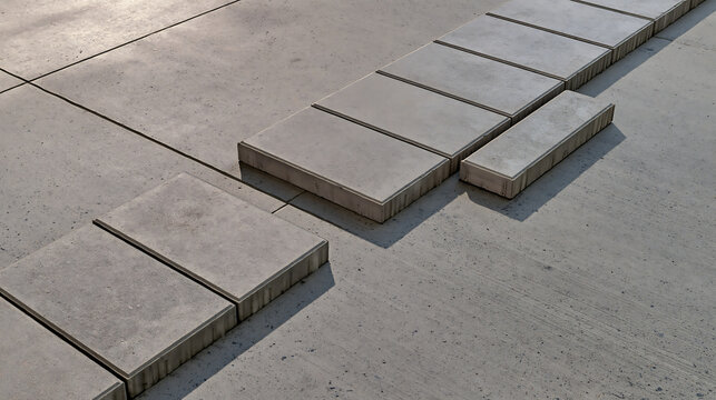 Rectangular concrete paving slabs arranged in a geometric pattern on a flat grey ground surface with visible joints and soft natural shadows