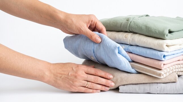 Hands folding a stack of neatly folded pastel colored clothes on a white background