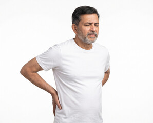 Obraz premium Senior Indian man experiencing moderate lower back pain and lumbar discomfort for physiotherapy chiropractic orthopedic senior healthcare pain management and wellness