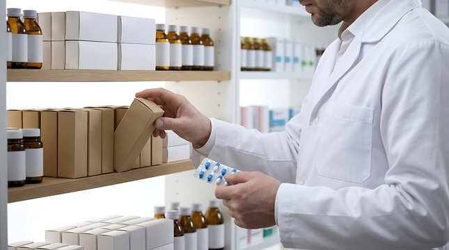 Pharmacist in white coat selecting medication from shelf in pharmacy.