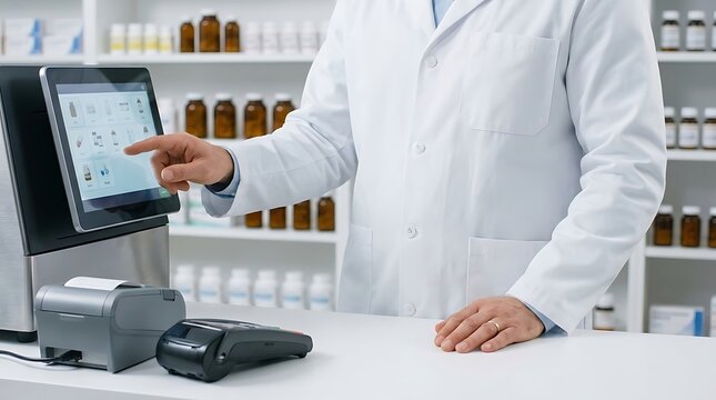Pharmacist in white coat using a digital tablet at the counter of a modern pharmacy.