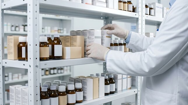 Pharmacist organizing medications on shelves in a pharmacy or hospital.