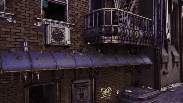 rusty metal fire escape against brick, evening shadows and peeling paint, chipped window panes, moody cinematic lighting, urban texture ideal for background,