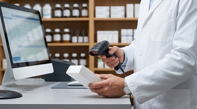 Pharmacist scanning medication box with barcode reader at pharmacy counter.