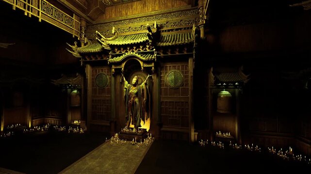 Shadowed shrine arranged for solemn ritual with concentric candles and heavy drapery, dense incense smoke and ember glow create arcane mood for reenactment
