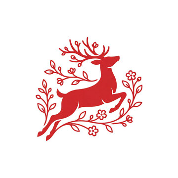 Red Deer Stag Leaping with Floral Branches Vector Illustration