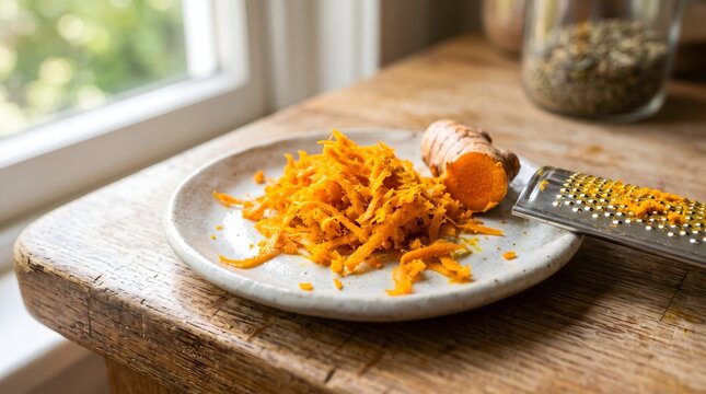 Fresh turmeric root being grated on a ceramic plate for healthy cooking