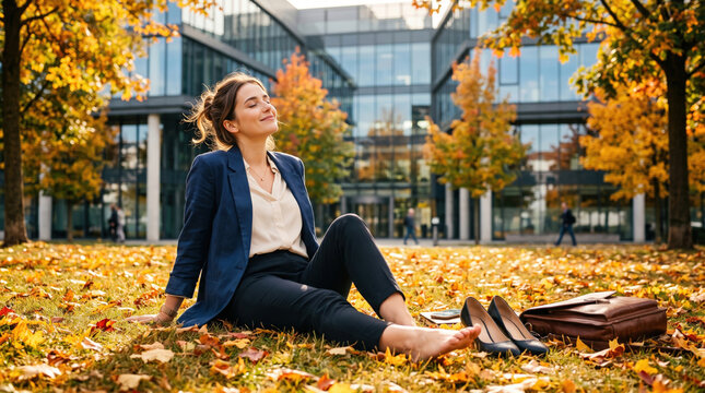 White businesswoman relaxing barefoot on autumn leaves outside a modern office building. Professional woman taking a break from work on a sunny fall day. Stress relief concept
