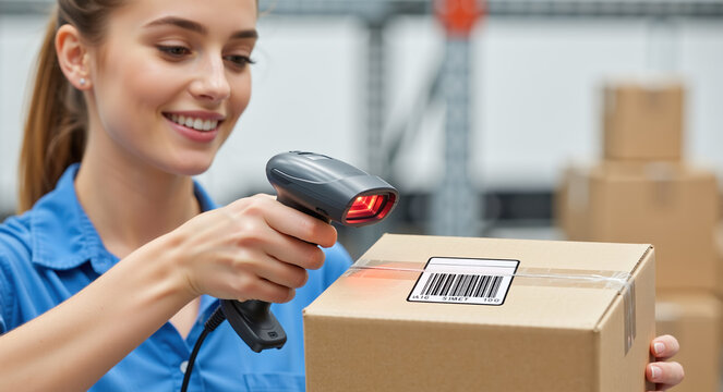 Smiling woman scanning barcode on cardboard box in warehouse. Logistics worker using handheld scanner for inventory management. Shipping and distribution concept