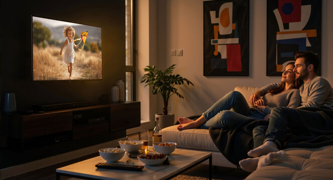 Couple watching movie on television at night. Man and woman relaxing on sofa with popcorn and snacks. Home cinema and leisure concept