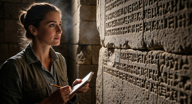 Female archaeologist examining ancient stone inscriptions. Woman researcher holding a notebook and pencil in dark ruins. Historical exploration and discovery concept