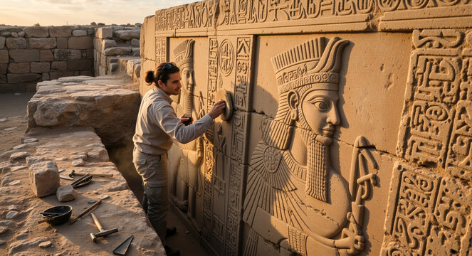 Archaeologist restoring an ancient stone relief carving in Mesopotamia. Historical preservation work at an excavation site