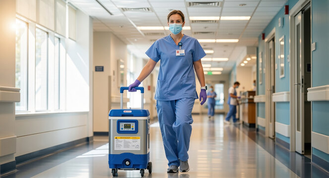 Female healthcare worker in scrubs and mask transporting medical device in hospital corridor. Nurse pulling cooler with essential supplies. Modern clinic environment