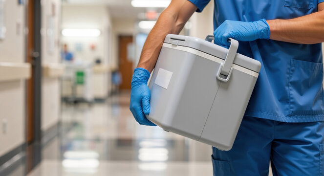 Medical professional carrying organ transplant cooler box in hospital. Doctor in blue scrubs holding vaccine transport container
