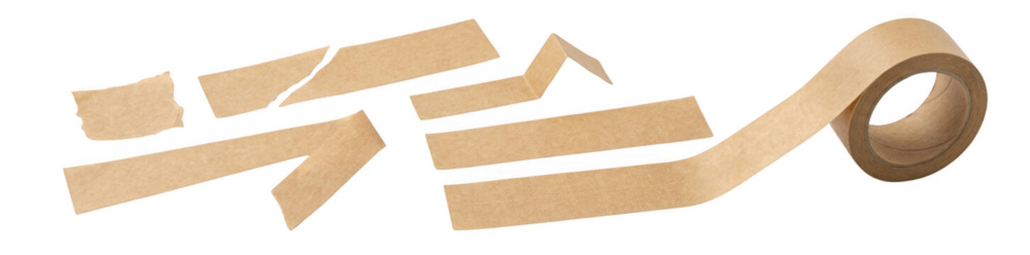 Kraft paper tape roll with torn strips scattered against a plain background