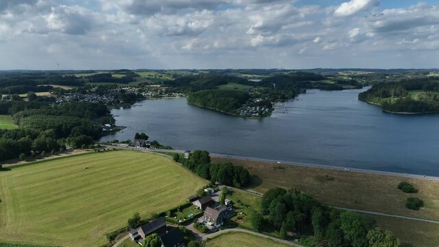 Aerial view of the Bever Reservoir in the Oberbergischer Kreis district of North Rhine-Westphalia. H&uuml;ckeswagen, Germany.