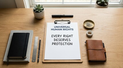 Naklejka premium Clipboard displaying human rights message sits on a wooden desk. Professional office setup includes stationery and green plants representing social justice and legal protection for every human person.