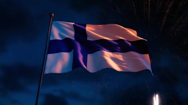 Finnish flag waving against night sky with golden fireworks