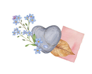 Stone heart with forget-me-nots and autumn leaf during soft light for romantic concepts