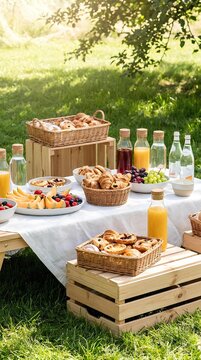 Summer picnic spread on green lawn with fresh fruit, bread, and juice.