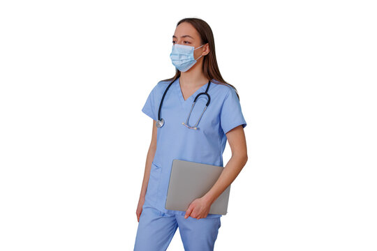 Healthcare worker in scrubs and mask holding laptop, looking away, ready for medical consultation, transparent background