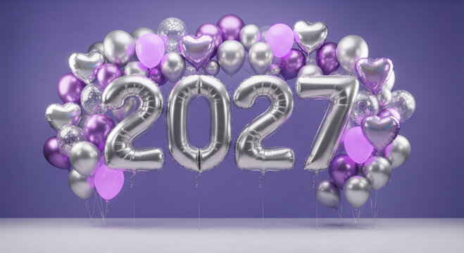 Festive 3D illustration and celebration background featuring large silver foil balloons spelling out the year 2027, surrounded by an elegant arch of purple, silver, and heart-shaped balloons 