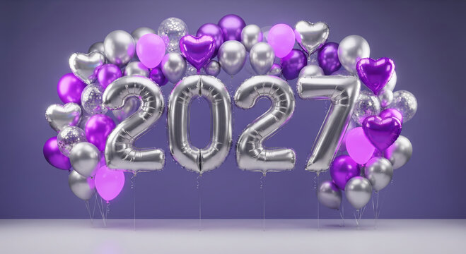 Festive 3D illustration and celebration background featuring large silver foil balloons spelling out the year 2027