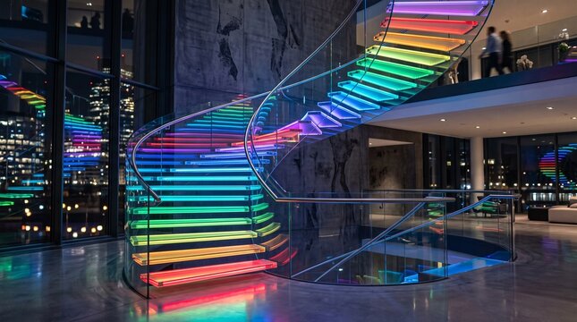 Modern spiral staircase with rainbow LED lights inside a building