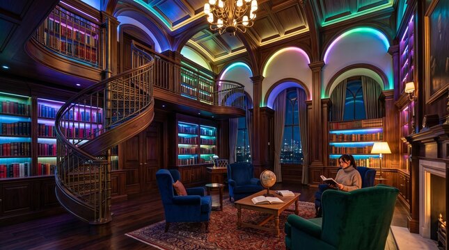 Woman reading book in luxury home library with spiral staircase
