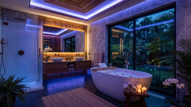 Modern luxury bathroom interior with bathtub and ambient lighting