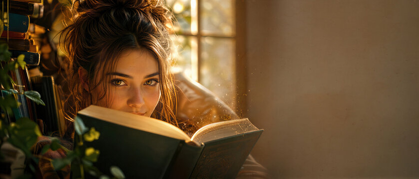 Woman reading magical book by window in library. Happy reader enjoying literature on National Book Lovers Day. Banner with copy space
