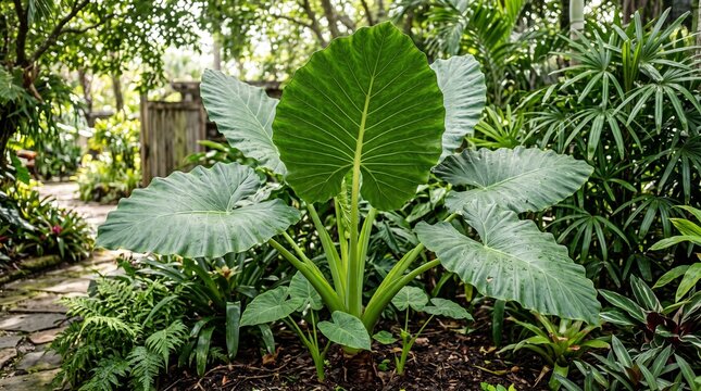 Large green elephant ear plant in a lush tropical garden