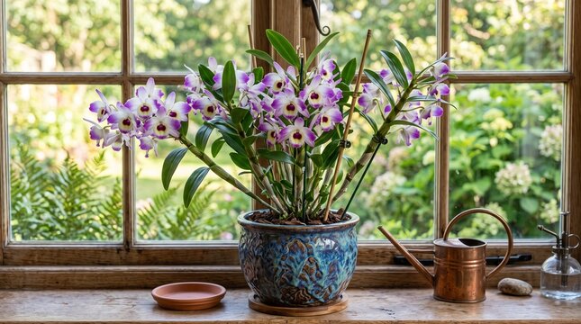 Purple dendrobium orchid in blue pot on a rustic wooden windowsill
