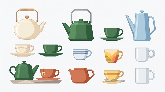 Vector collection of colorful teapots and teacups icons