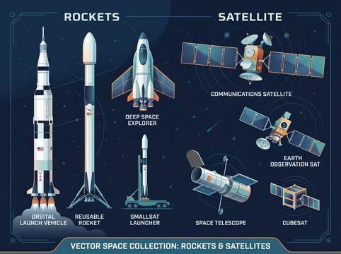 Space rockets and satellites vector illustration collection